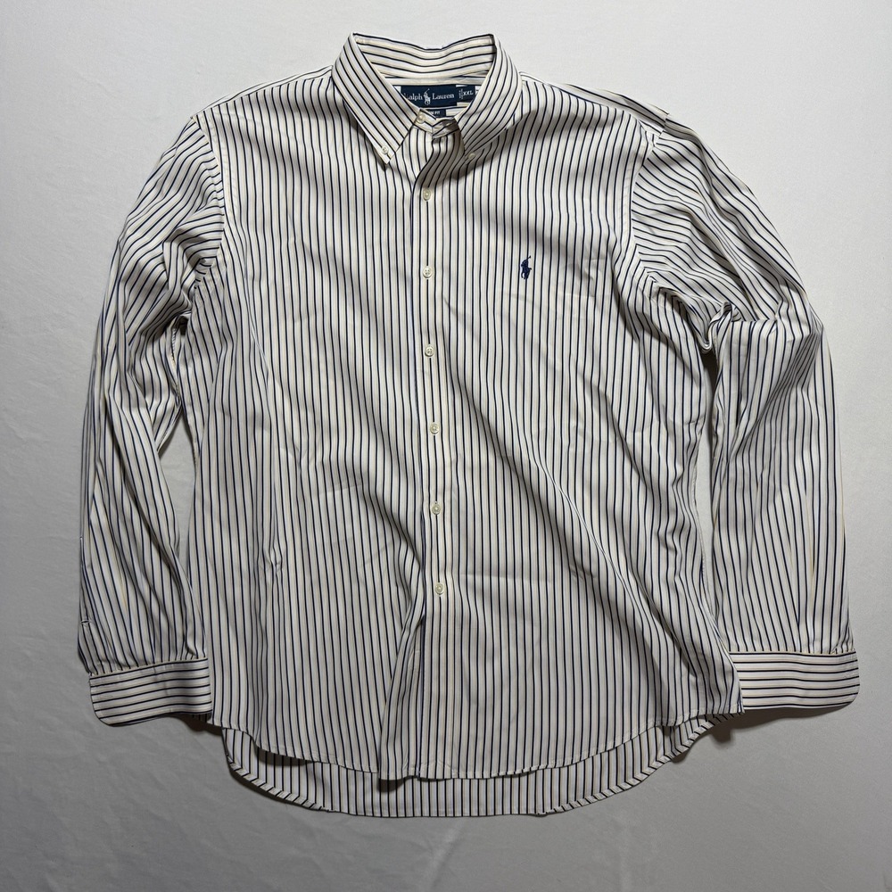 Ralph Lauren Custom Fit Button Down Shirt XXL White Navy Yellow Stripe Cotton